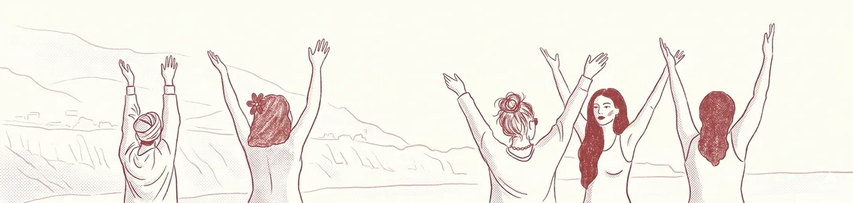 Ilustración de mujeres en comunidad con los brazos alzados