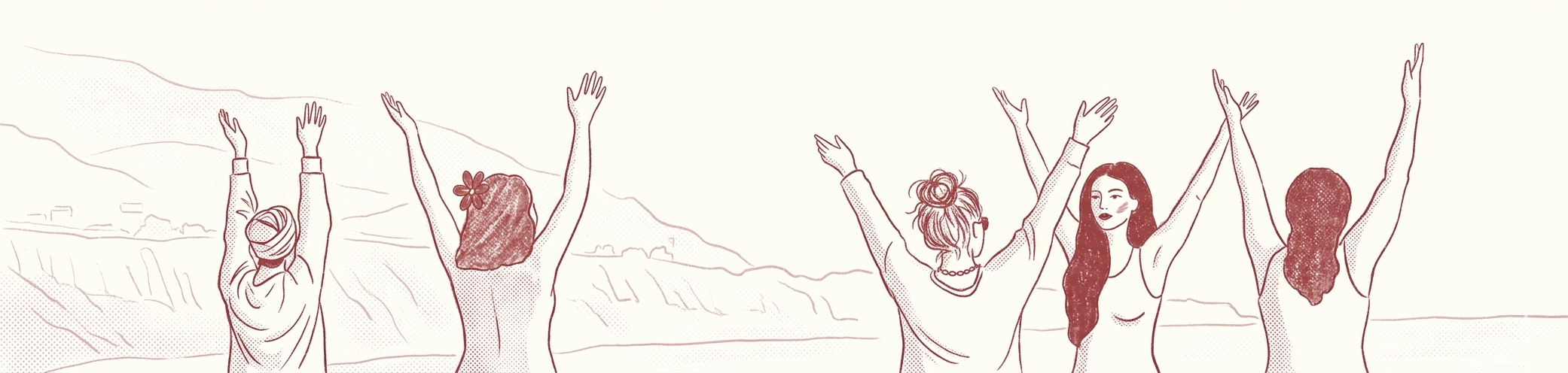 Ilustración de mujeres en comunidad con los brazos alzados
